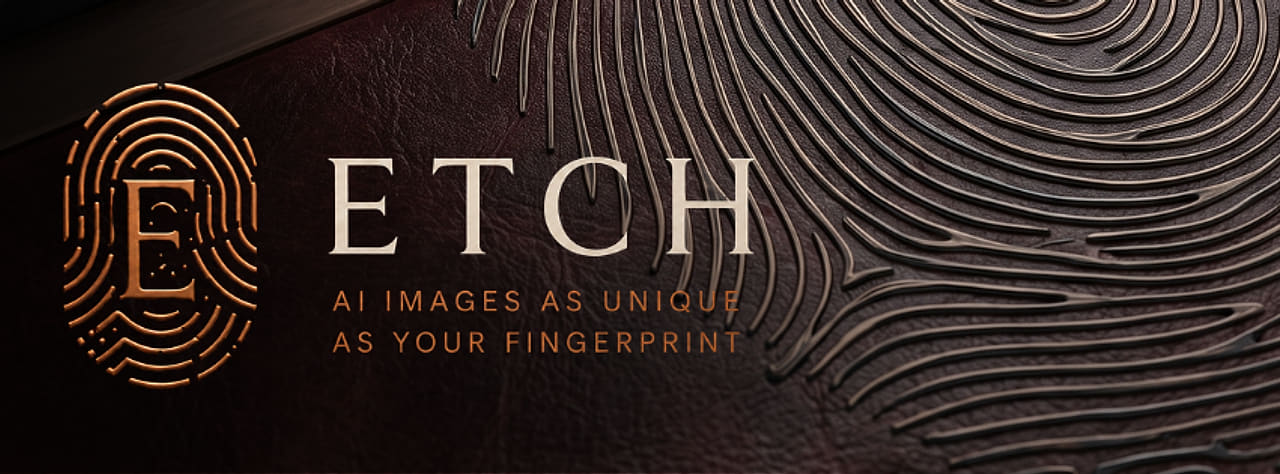 The ETCH banner: a copper fingerprint enclosing a serif E, pressed into dark leather, beside the wordmark and the line “AI images as unique as your fingerprint.”