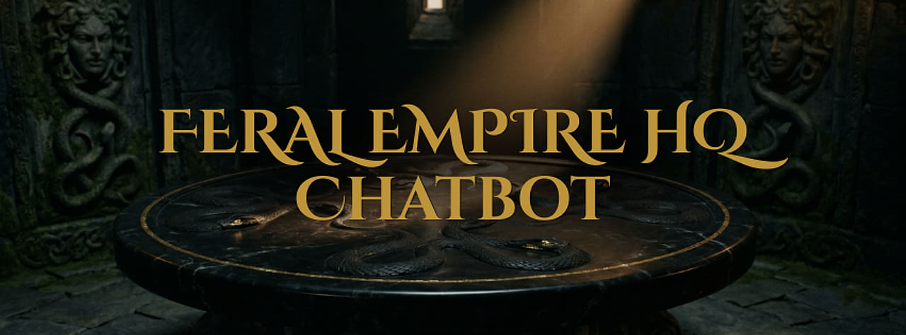 The Feral Bot banner: a round stone table ringed with snakes in a torchlit chamber, under the title “Feral Empire HQ Chatbot” in Feral gold.