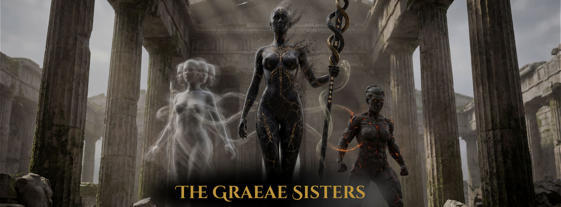 The Graeae Sisters banner: three figures standing together in a ruined temple — one in smoke, one in black and gold holding a serpent staff, one lit from within — under the title in the Temple’s gold.