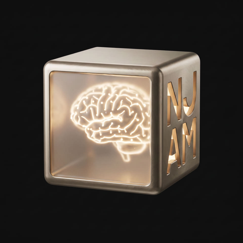 A champagne-metal cube with one frosted face, a glowing filament brain visible inside.