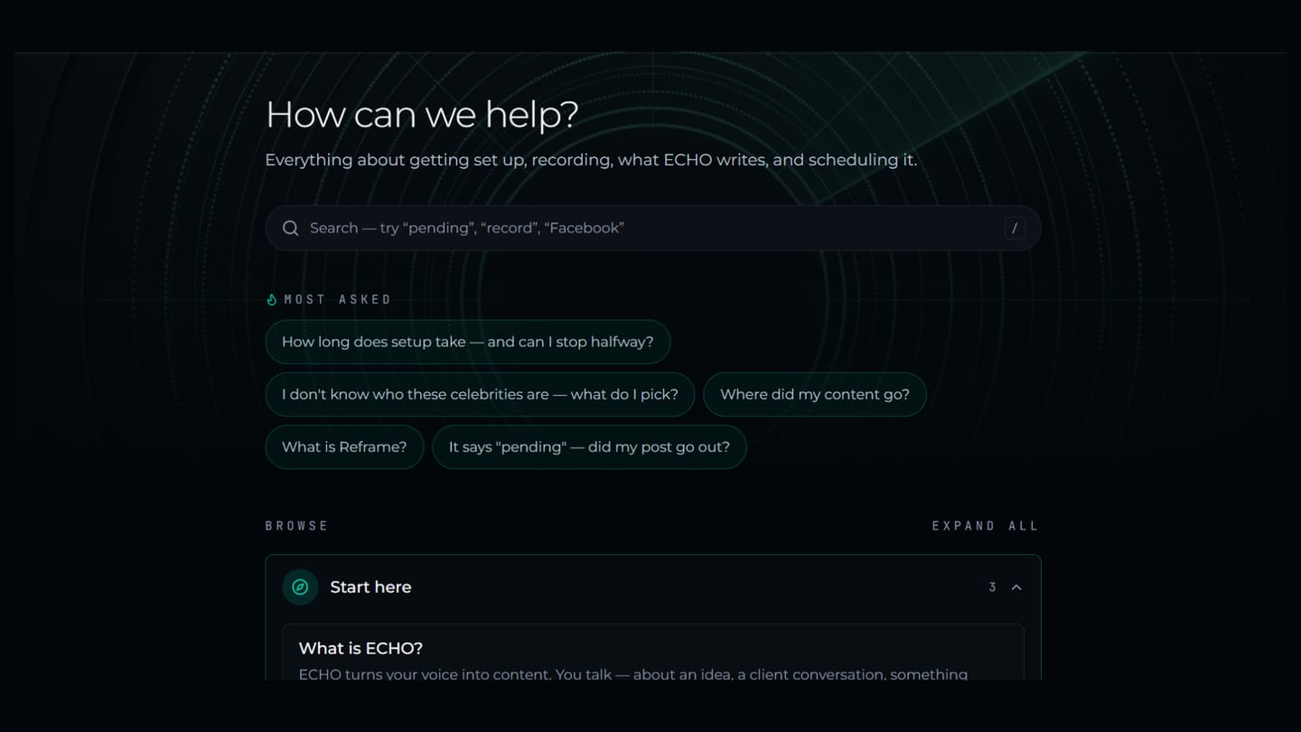 ECHO's help centre: a search field, the most-asked questions as chips, and a browsable set of articles grouped under 'Start here'.