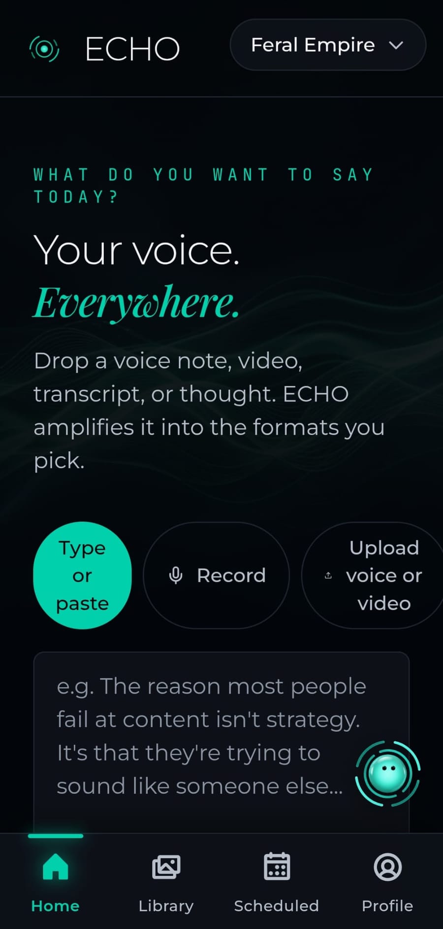 ECHO — Voice note in, a fortnight of content out — in the founder's own voice.