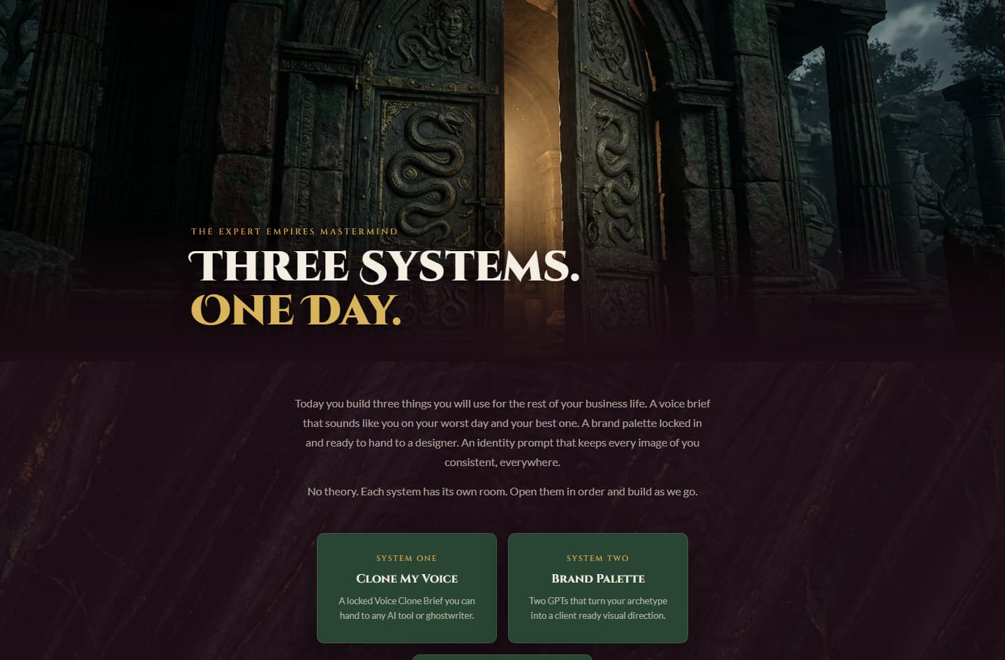 The Welcome room of the Expert Empires masterclass site: a carved temple doorway above the words 'Three systems. One day.'