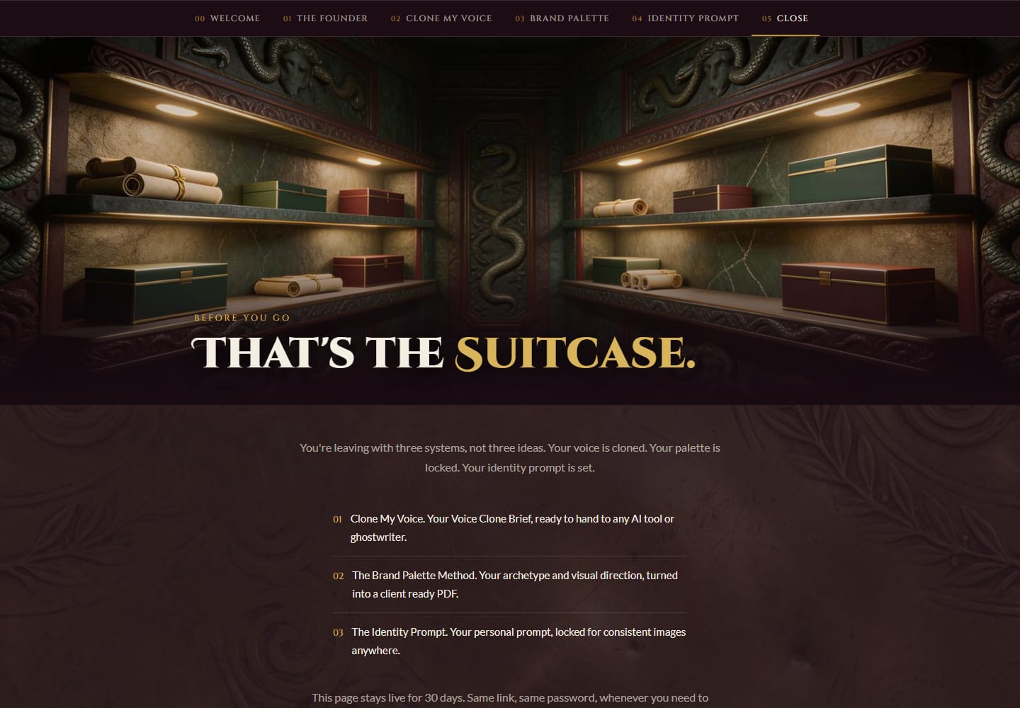 The Close room: shelves of scrolls and chests in a vault, above the words 'That's the suitcase' and a list of the three systems each attendee leaves with.