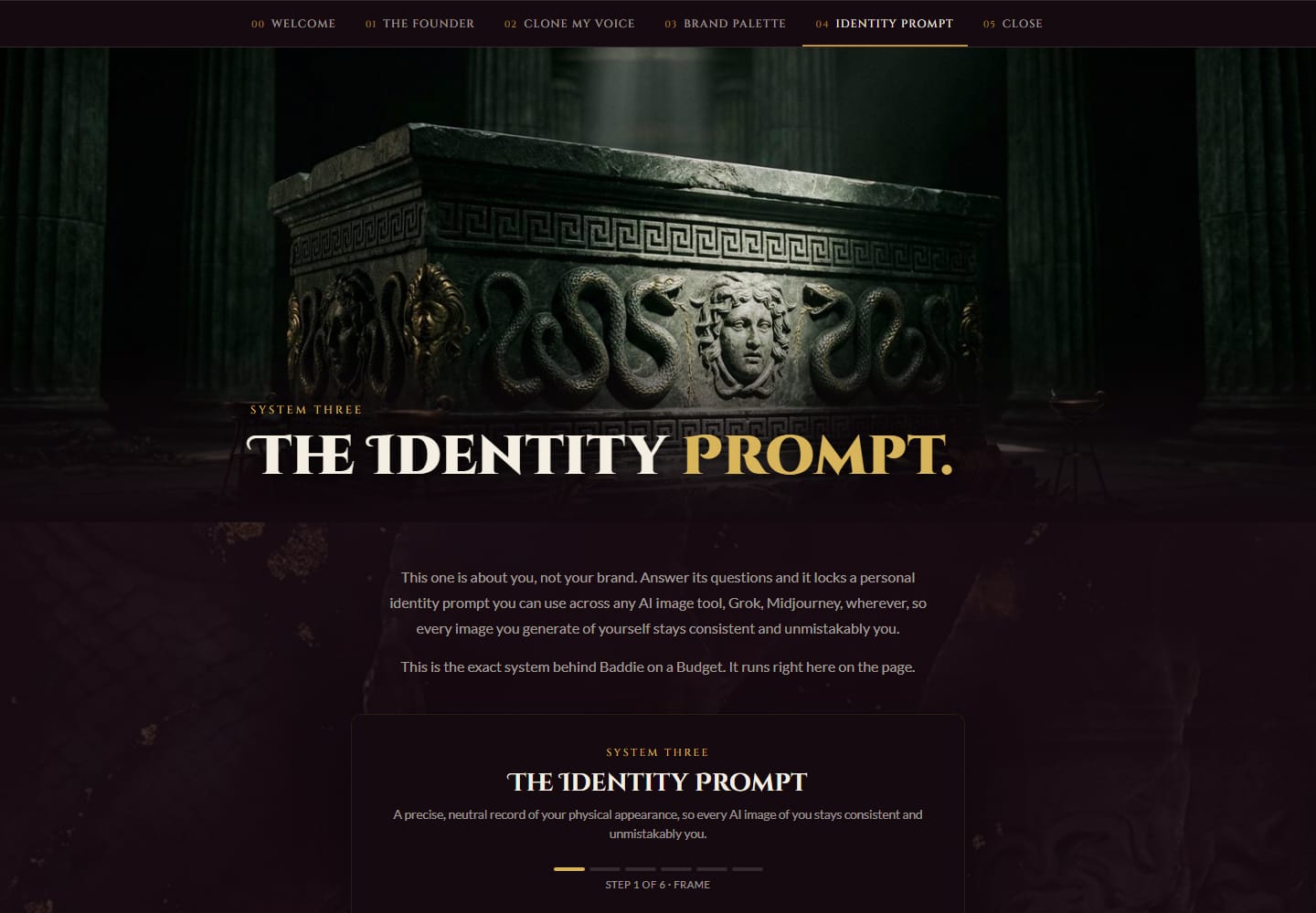 The Identity Prompt room: a stone altar carved with a Medusa head, above the Identity Prompt tool.