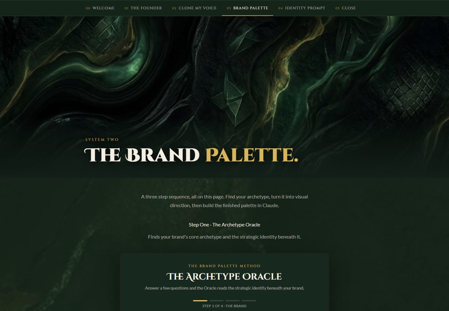 The Brand Palette room: dark green marble and snakeskin behind the title, with the Archetype Oracle below.