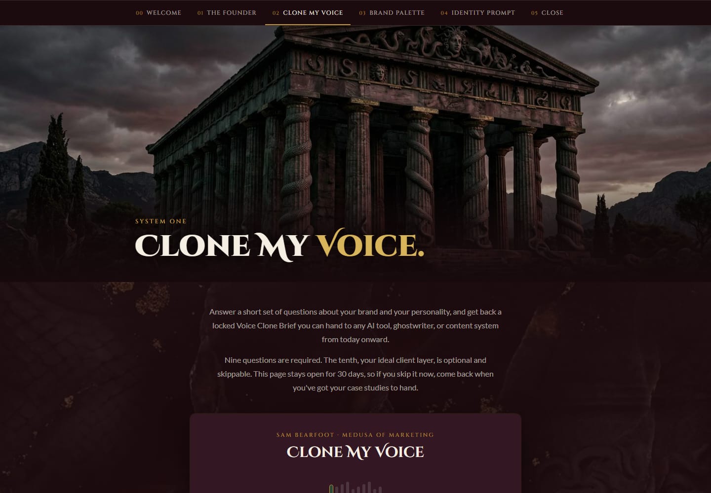 The Clone My Voice room: a ruined temple at dusk behind the title, and the Clone My Voice tool beginning below.