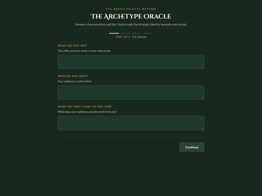 The Archetype Oracle at step one of four, asking what you do, who you help and what they come to you for.