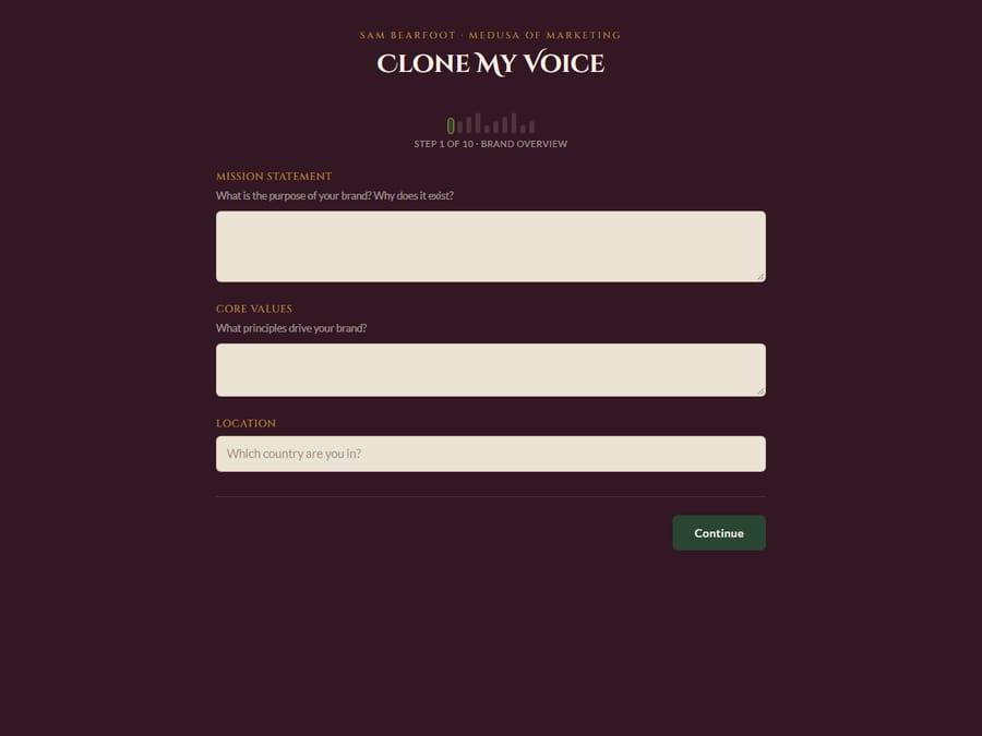 The Clone My Voice tool at step one of ten, asking for a mission statement, core values and location.