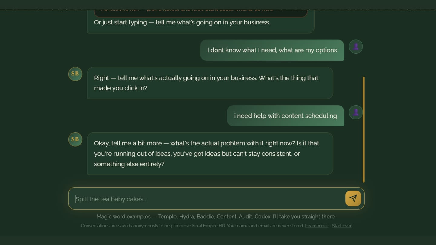 A conversation in Feral Empire HQ, the bot narrowing a vague request about content scheduling down to the actual problem behind it.