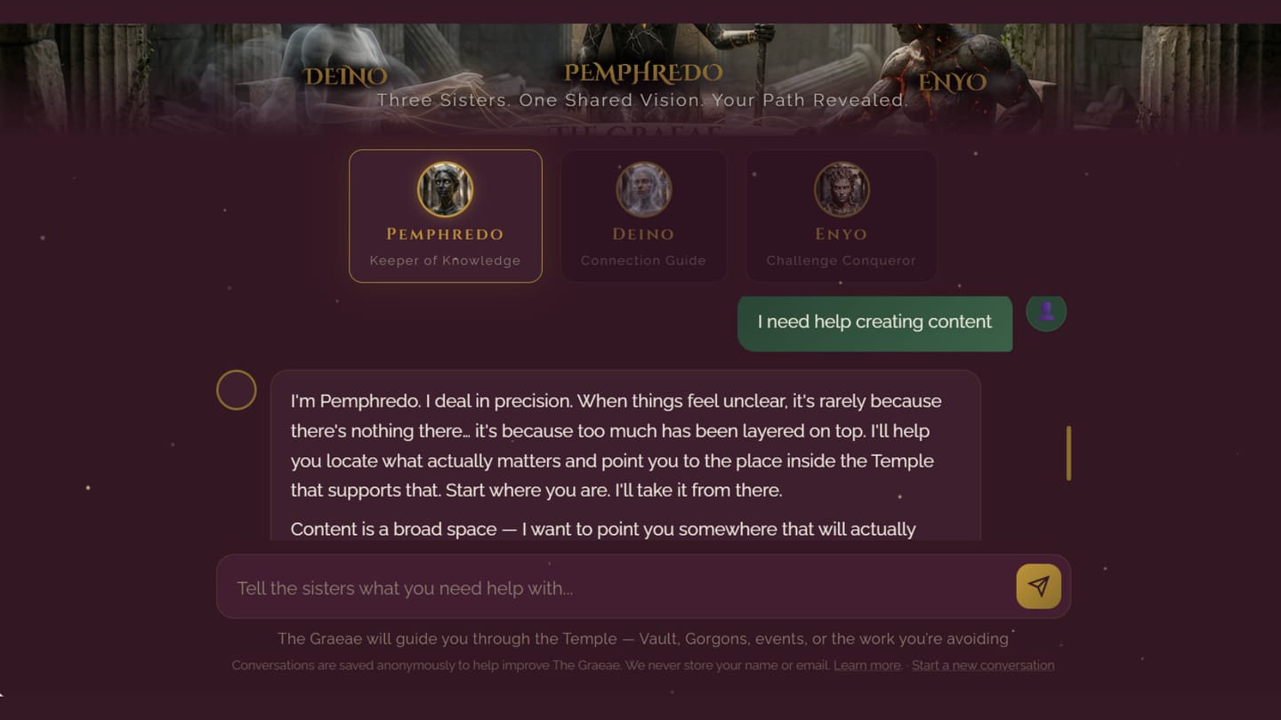 Pemphredo answering a member who asked for help creating content, with all three sisters shown as selectable cards above the conversation.