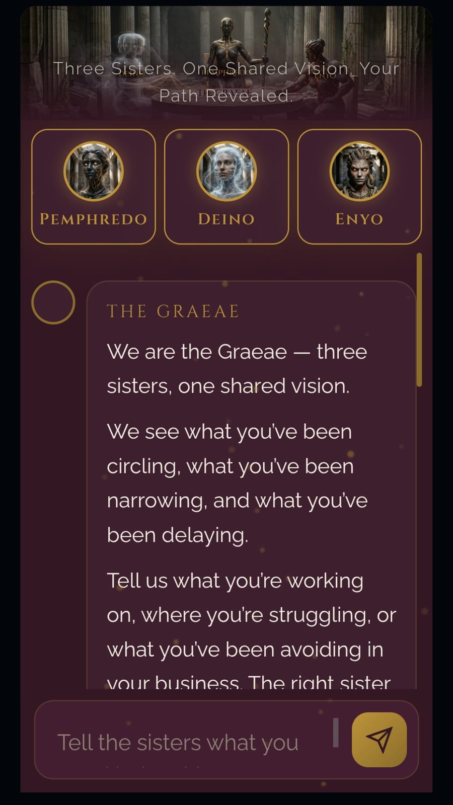 Graeae Sisters — The Temple's oracle. Three sisters, one eye, and a very particular set of rules.