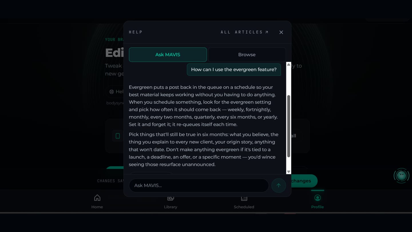 MAVIS answering a question about ECHO's evergreen feature at length, explaining both how the setting works and which kinds of post are worth making evergreen.
