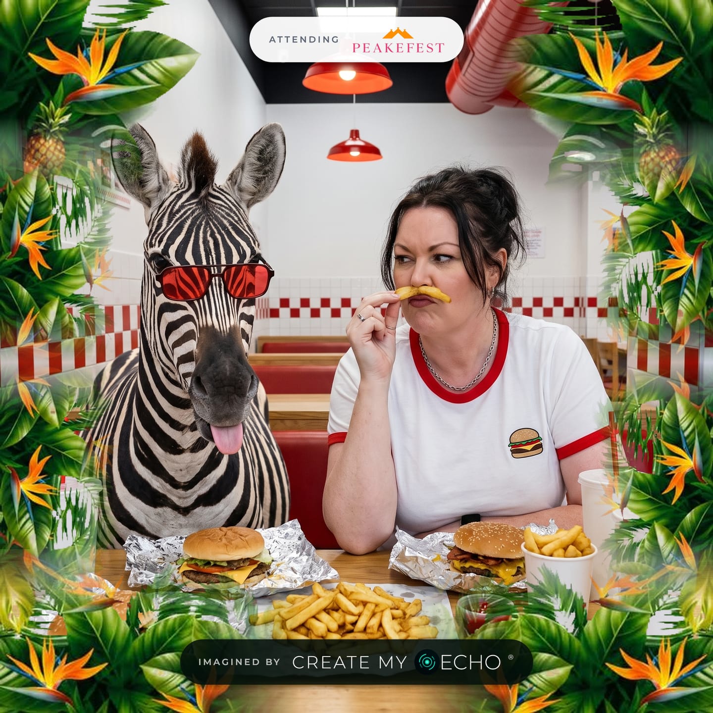 A photo made by the live PeakeFest page: a woman in a diner doing a chip moustache next to a zebra in red sunglasses, framed in tropical foliage with the Attending PeakeFest badge and an Imagined by Create My ECHO credit.