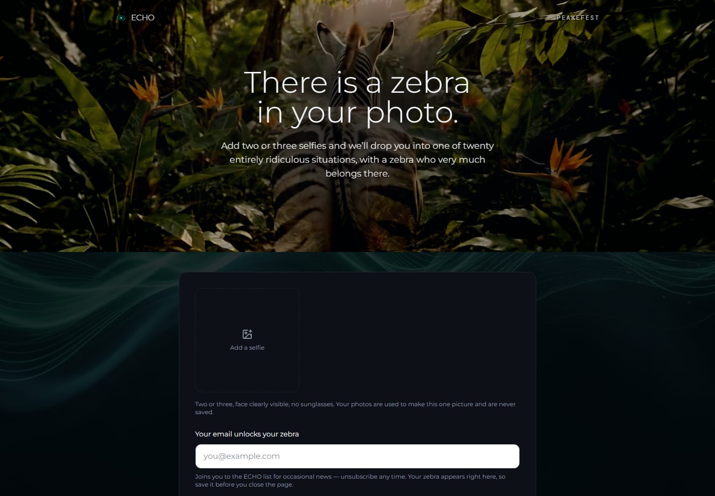 PeakeFest — Selfie in, a branded zebra photo out. A lead for the list and a post for the feed, every time.