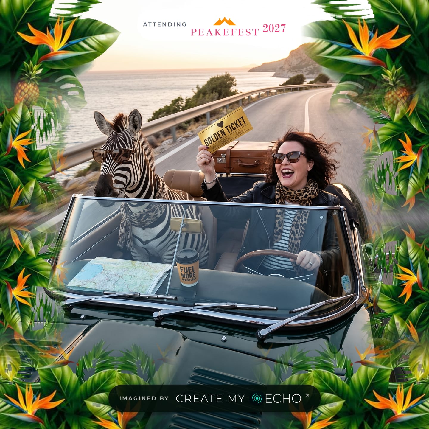 A branded PeakeFest 2027 photo: a woman driving a classic convertible along a coast road at sunset, waving a golden ticket, with a zebra in the passenger seat.