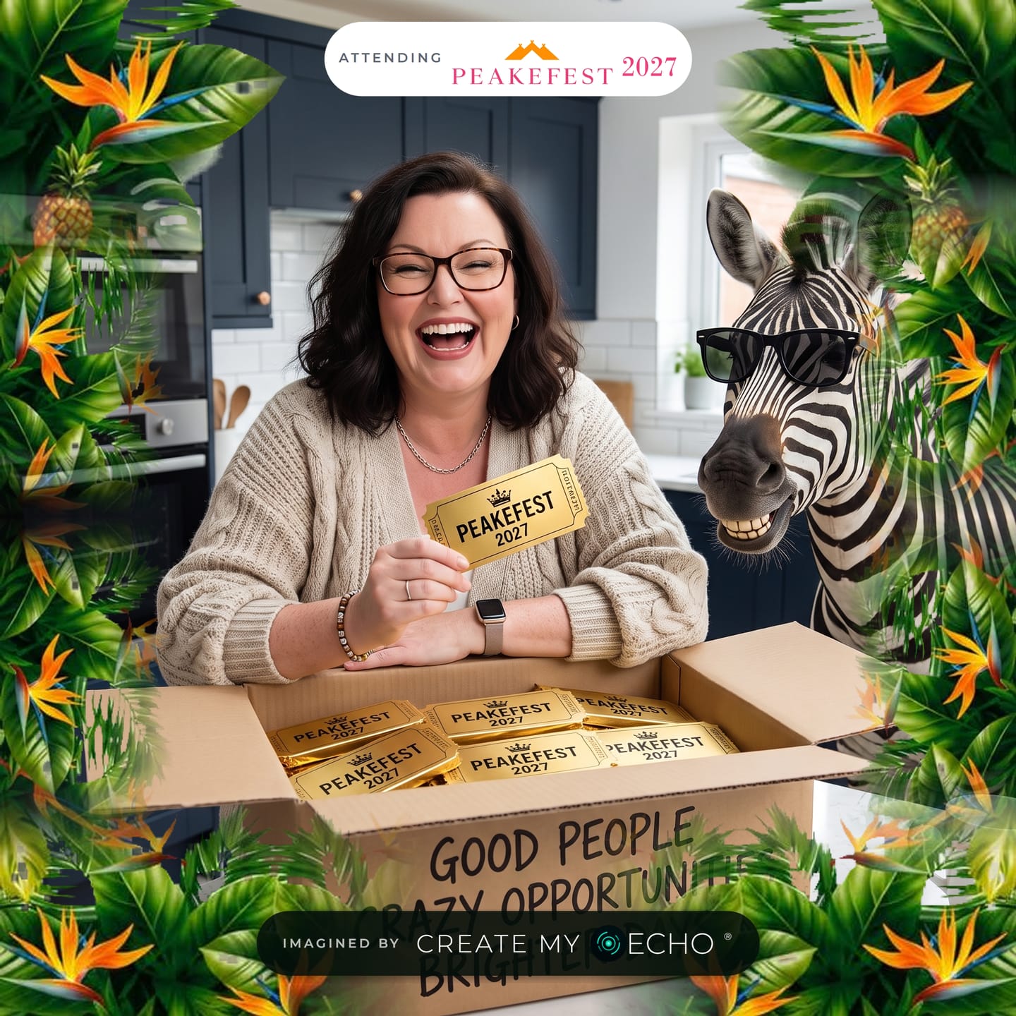 A photo made by the live PeakeFest 2027 page: a woman grinning over a box full of golden PeakeFest 2027 tickets, a zebra in sunglasses beside her, with the Attending PeakeFest 2027 badge.