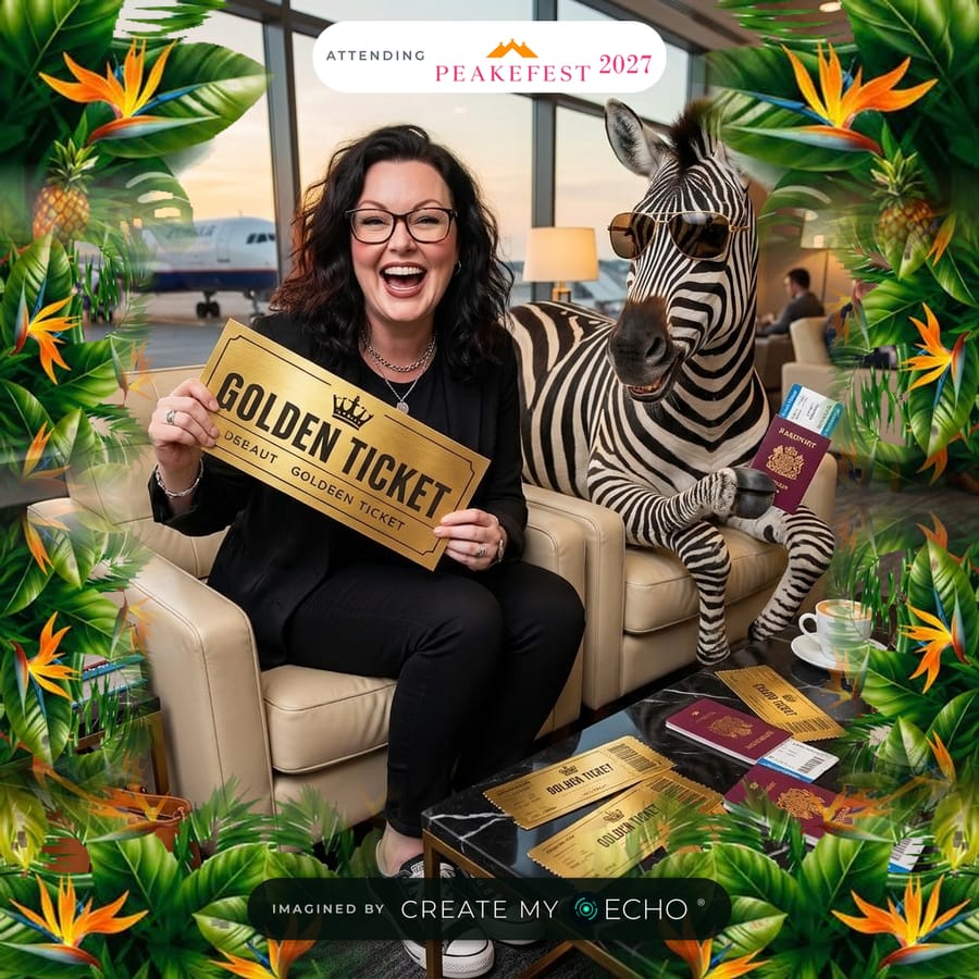 A branded PeakeFest 2027 photo: a woman in an airport lounge holding up a golden ticket, a zebra in aviator sunglasses beside her holding a passport.