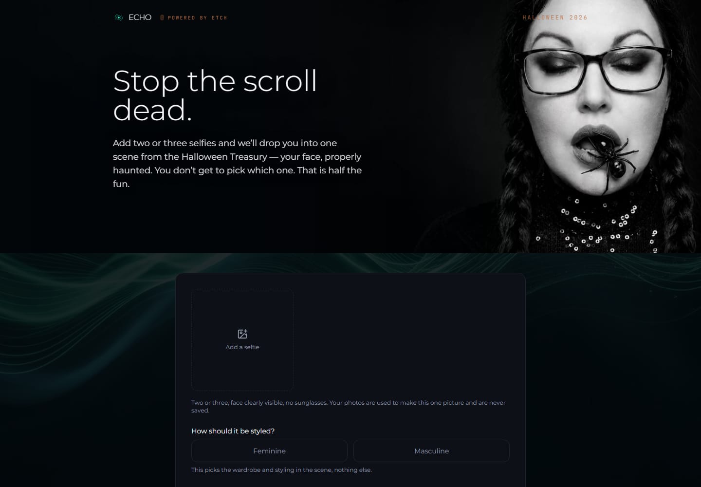The live Halloween page: the heading 'Stop the scroll dead' beside a black-and-white portrait with a spider on her lip, above the selfie upload panel.