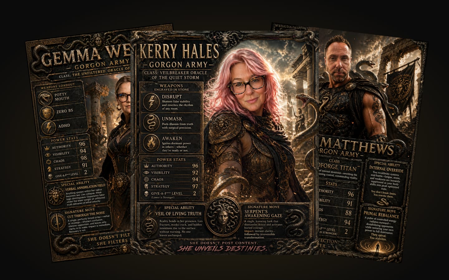 Three Gorgon Army battle cards fanned out, made for Temple members Gemma Went, Kerry Hales and Ollie Matthews. Each shows the member in dark bronze armour among ruined columns and snakes, with their own class, weapons, power stats, special ability and signature move.